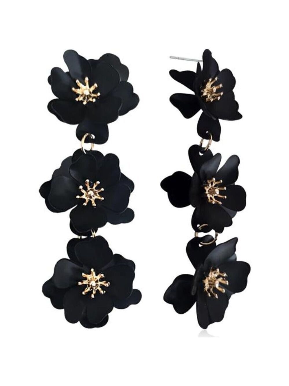 Black Matte Triple Flower Drop Earrings Long Floral Dangle